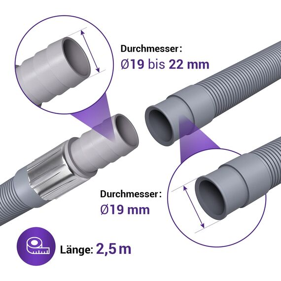Vioks.pro Ablaufschlauch Verlängerung 2,5m Gerade/Gerade Ø19mm - Waschmaschinenschlauch Verlängerung, Flexibler Ablaufschlauch Geschirrspüler