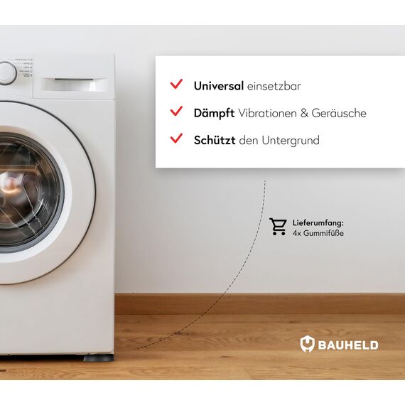 BAUHELD 4x Schwingungsdämpfer Waschmaschine und Trockner [Made in Germany] - Antivibrationsfüße aus Gummi - Vibrationsdämpfer kompatibel mit Bosch, Siemens, AEG - Rutschfeste Unterlage in Weiß