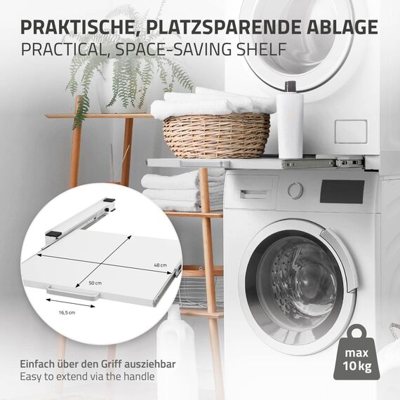 ML-Design Zwischenbaurahmen mit Ausziehplatte aus Stahl, 60x60 cm, Weiß, Verbindungsrahmen für Waschmaschine/Trockner, Zwischenbausatz mit Auszug als Ablage für Wäschekorb, Zwischenrahmen Universal