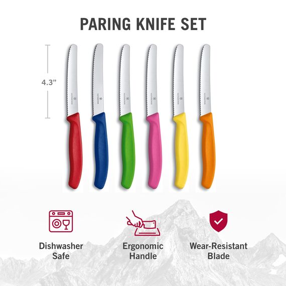 Victorinox Swiss Classic, Frühstücksmesser, Brötchenmesser, Scharfe Klinge, Wellenschliff, 11 cm, Kunststoffgriff, Rostfreier Stahl, Set 6teilig, Mehrfarbig