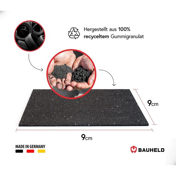 BAUHELD® Schwingungsdämpfer Waschmaschine 90x90 x 10mm [4 Stück] - Robuste Antirutsch-Pads aus Gummigranulat [Made in Germany] - Für Waschtrockner, Subwoofer, Outdoor Teppiche, 3D-Drucker