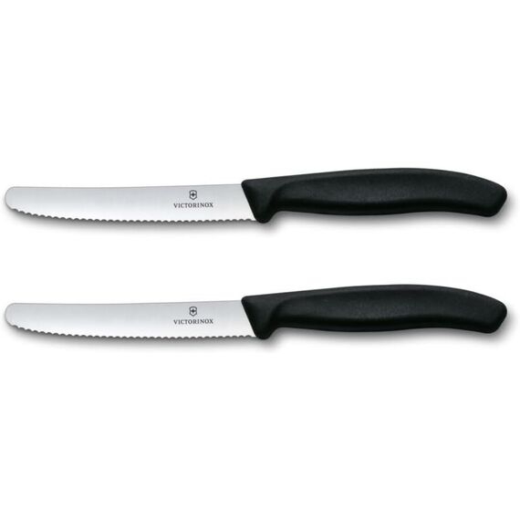 Victorinox Swiss Classic, Frühstücksmesser, Brötchenmesser Set 2teilig, Scharfe Klinge, Wellenschliff, 11 cm, Rostfreier Stahl, Schwarz