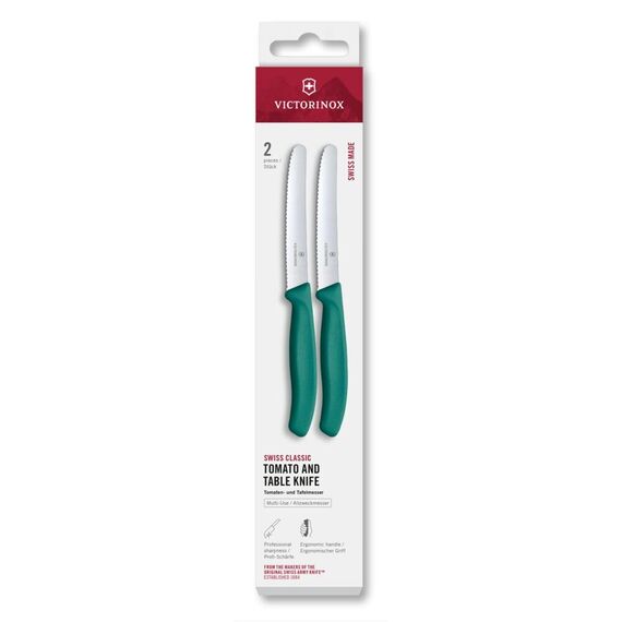 Victorinox Swiss Classic, Frühstücksmesser, Brötchenmesser Set 2teilig, Scharfe Klinge, Wellenschliff, 11 cm, Rostfreier Stahl, Grün