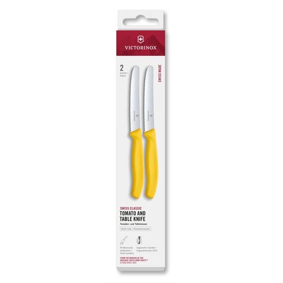Victorinox Swiss Classic, Frühstücksmesser, Brötchenmesser Set 2teilig, Scharfe Klinge, Wellenschliff, 11 cm, Rostfreier Stahl, Gelb
