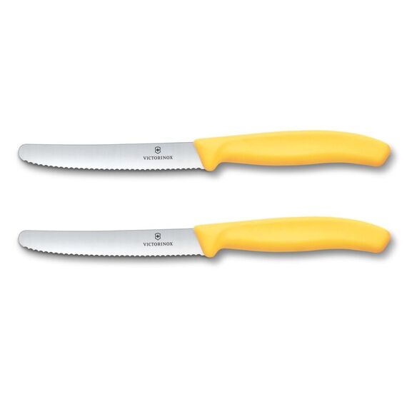 Victorinox Swiss Classic, Frühstücksmesser, Brötchenmesser Set 2teilig, Scharfe Klinge, Wellenschliff, 11 cm, Rostfreier Stahl, Gelb