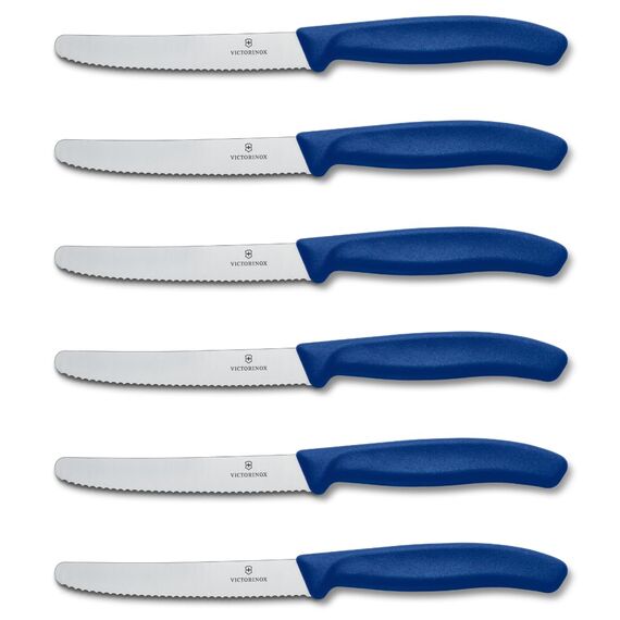 Victorinox Swiss Classic, Frühstücksmesser, Brötchenmesser, Scharfe Klinge, Wellenschliff, 11 cm, Kunststoffgriff, Rostfreier Stahl, Set 6teilig, Blau