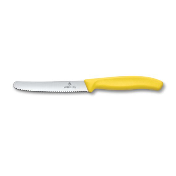 Victorinox Swiss Classic, Frühstücksmesser, Brötchenmesser, Scharfe Klinge, Wellenschliff, 11 cm, Kunststoffgriff, Rostfreier Stahl, Set 2teilig, Gelb