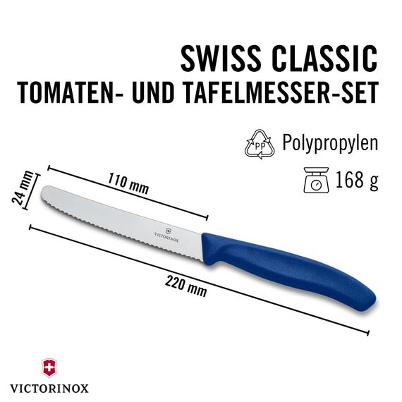 Victorinox Swiss Classic, Frühstücksmesser, Brötchenmesser, Scharfe Klinge, Wellenschliff, 11 cm, Kunststoffgriff, Rostfreier Stahl, Set 6teilig, Blau