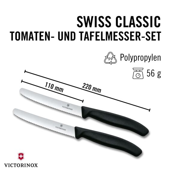Victorinox Swiss Classic, Frühstücksmesser, Brötchenmesser Set 2teilig, Scharfe Klinge, Wellenschliff, 11 cm, Rostfreier Stahl, Schwarz