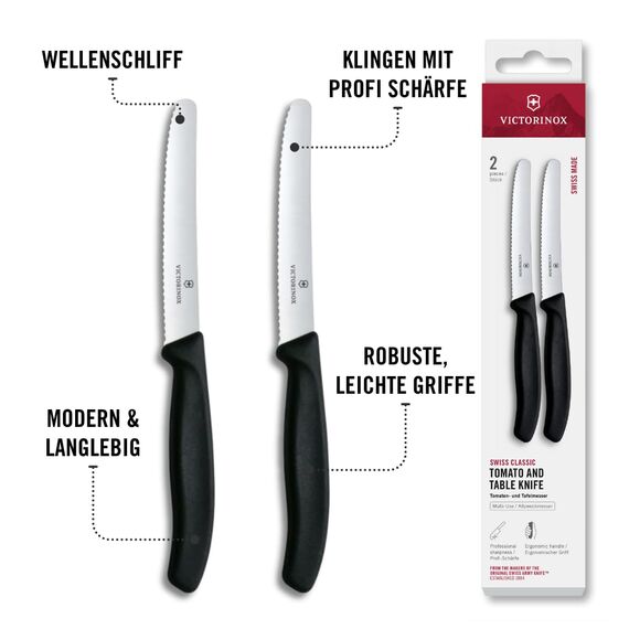 Victorinox Swiss Classic, Frühstücksmesser, Brötchenmesser Set 2teilig, Scharfe Klinge, Wellenschliff, 11 cm, Rostfreier Stahl, Schwarz
