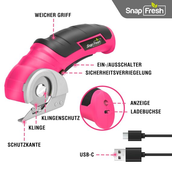 SnapFresh Kartonschneider Elektrischer Schere 4V Kabellose Rollschneider Akku-Universalschneider Rotationsschneider - 2 Klinges - für Papier, Pappe, Teppich, Leder, Filz, Kunststoff (Rosa)