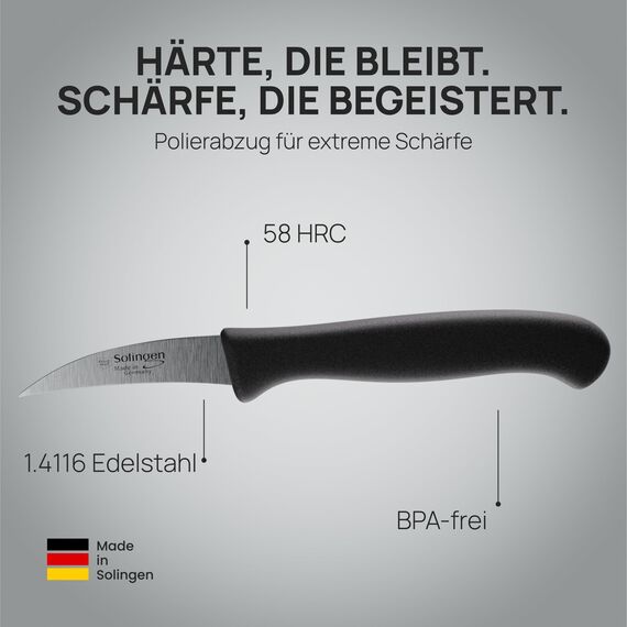 Schwertkrone® Schälmesser gebogen 4er Set [MADE IN SOLINGEN - GERMANY] - Gemüsemesser Obstmesser - Küchenmesser klein scharf - Schneidemesser Kartoffelschälmesser - Allzweckmesser (4x 2,5" gebogen)