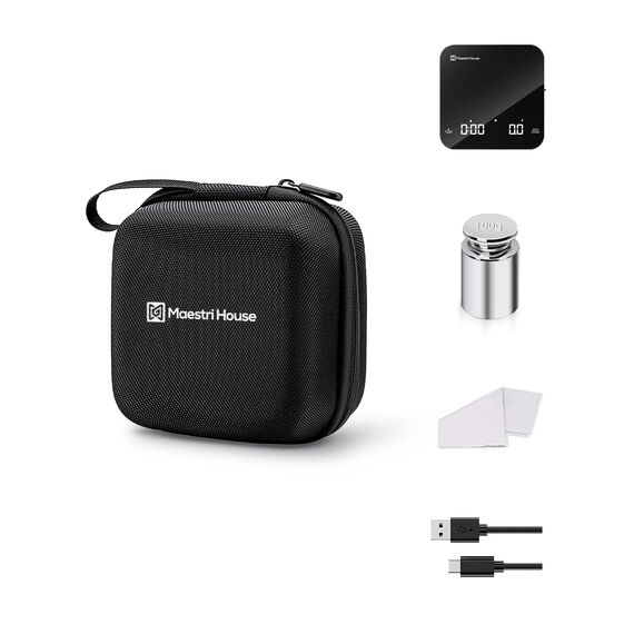Maestri House Mini-Kaffee-Waage Barista Kit mit 100 g Kalibriergewicht & Tragetasche, Wiederaufladbare Espresso-Waage mit Timer, 2kg/0,1g Präzisions-Digitale Waage für Espresso und Pour-Over