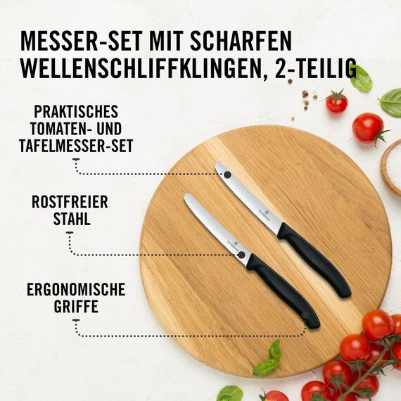 Victorinox Swiss Classic, Frühstücksmesser, Brötchenmesser Set 2teilig, Scharfe Klinge, Wellenschliff, 11 cm, Rostfreier Stahl, Schwarz