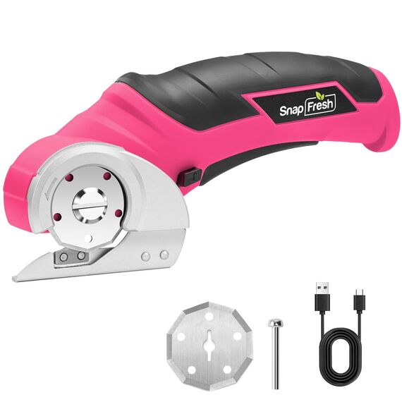 SnapFresh Kartonschneider Elektrischer Schere 4V Kabellose Rollschneider Akku-Universalschneider Rotationsschneider - 2 Klinges - für Papier, Pappe, Teppich, Leder, Filz, Kunststoff (Rosa)