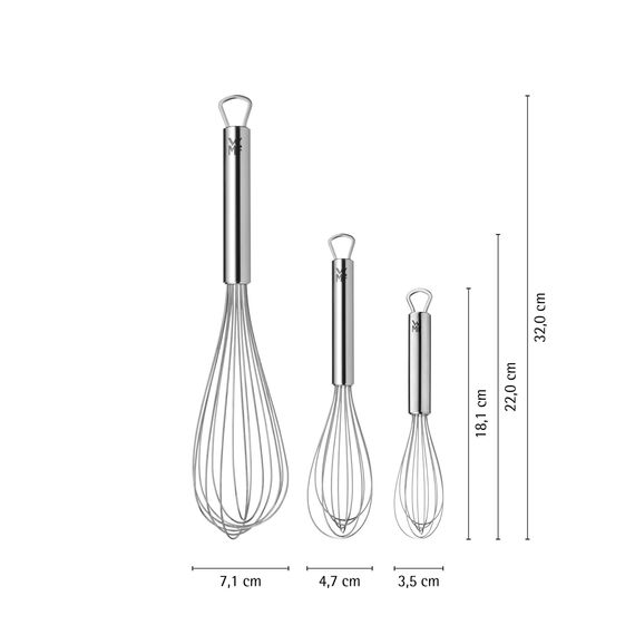 WMF Profi Plus Schneebesen Set 3-teilig, Schneebesen Edelstahl teilmattiert, Rührbesen, Quirl, spülmaschinengeeignet