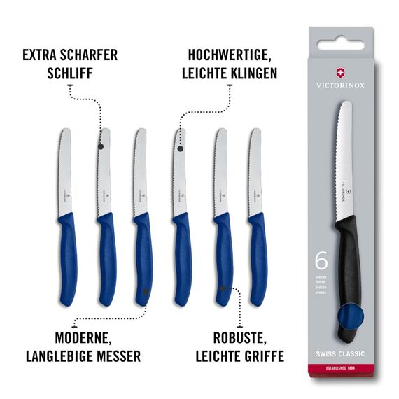 Victorinox Swiss Classic, Frühstücksmesser, Brötchenmesser, Scharfe Klinge, Wellenschliff, 11 cm, Kunststoffgriff, Rostfreier Stahl, Set 6teilig, Blau