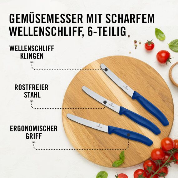 Victorinox Swiss Classic, Frühstücksmesser, Brötchenmesser, Scharfe Klinge, Wellenschliff, 11 cm, Kunststoffgriff, Rostfreier Stahl, Set 6teilig, Blau