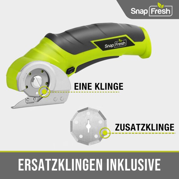 SnapFresh Kartonschneider Elektrische Schere 4V Kabellose Rollschneider Akku-Universalschneider Akkuschere - 2 Selbstschärfende Klingen - für Karton, Pappe, Teppich, Leder, Filz, Kunststoff