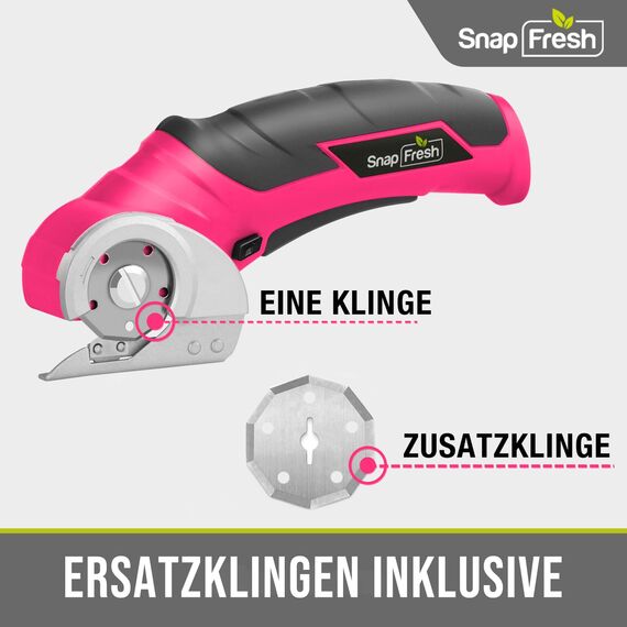 SnapFresh Kartonschneider Elektrischer Schere 4V Kabellose Rollschneider Akku-Universalschneider Rotationsschneider - 2 Klinges - für Papier, Pappe, Teppich, Leder, Filz, Kunststoff (Rosa)