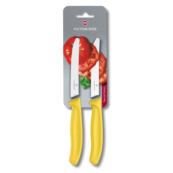 Victorinox Swiss Classic, Frühstücksmesser, Brötchenmesser, Scharfe Klinge, Wellenschliff, 11 cm, Kunststoffgriff, Rostfreier Stahl, Set 2teilig, Gelb