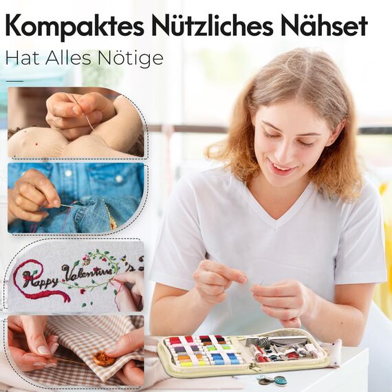 Coquimbo Nähset Nähzubehör Mini Nähset für Zuhause, Reise, Camping & Notfall, Nadel- und Fadenset für Anfänger, Kinder und Reisende mit Nähnadeln, Schere, Faden, Fingerhut, Maßband (Beige)
