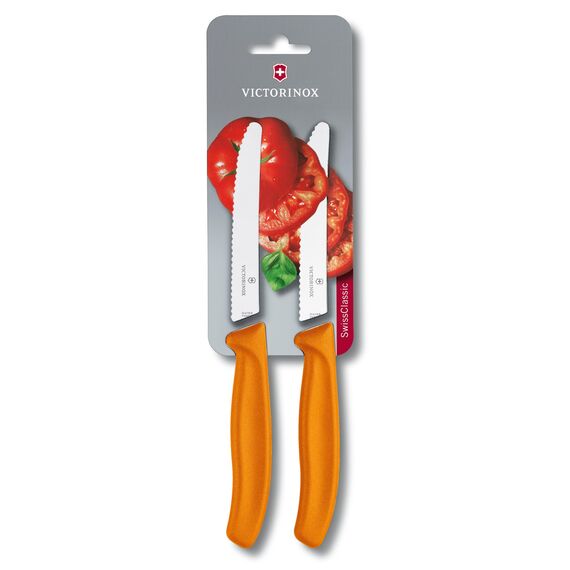 Victorinox Swiss Classic, Frühstücksmesser, Brötchenmesser, Scharfe Klinge, Wellenschliff, 11 cm, Kunststoffgriff, Rostfreier Stahl, Set 2teilig, Orange