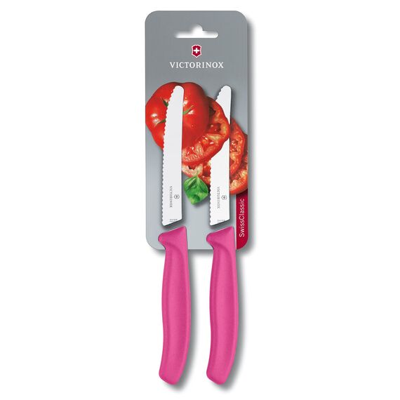 Victorinox Swiss Classic, Frühstücksmesser, Brötchenmesser, Scharfe Klinge, Wellenschliff, 11 cm, Kunststoffgriff, Rostfreier Stahl, Set 2teilig, Pink