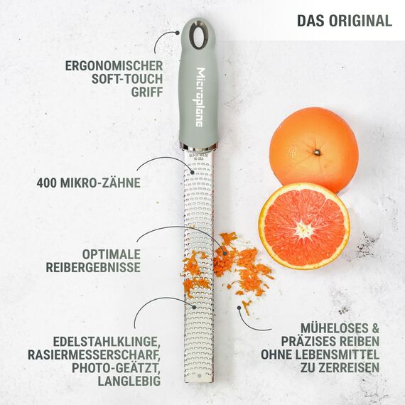 Microplane Zester Küchenreibe in Salbei-Grün für Zitrusfrüchte, Parmesan, Ingwer, Schokolade & Muskatnuss mit feiner Edelstahlklinge - Made in USA