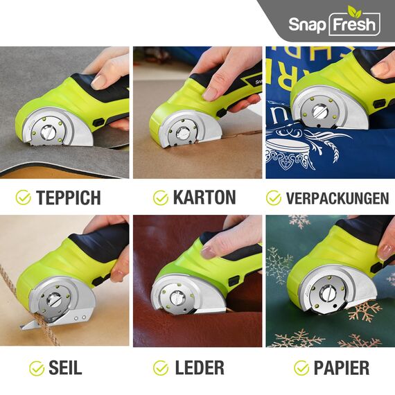 SnapFresh Kartonschneider Elektrische Schere 4V Kabellose Rollschneider Akku-Universalschneider Akkuschere - 2 Selbstschärfende Klingen - für Karton, Pappe, Teppich, Leder, Filz, Kunststoff
