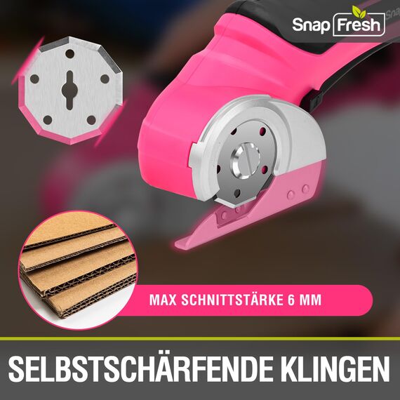 SnapFresh Kartonschneider Elektrischer Schere 4V Kabellose Rollschneider Akku-Universalschneider Rotationsschneider - 2 Klinges - für Papier, Pappe, Teppich, Leder, Filz, Kunststoff (Rosa)