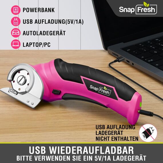 SnapFresh Kartonschneider Elektrischer Schere 4V Kabellose Rollschneider Akku-Universalschneider Rotationsschneider - 2 Klinges - für Papier, Pappe, Teppich, Leder, Filz, Kunststoff (Rosa)