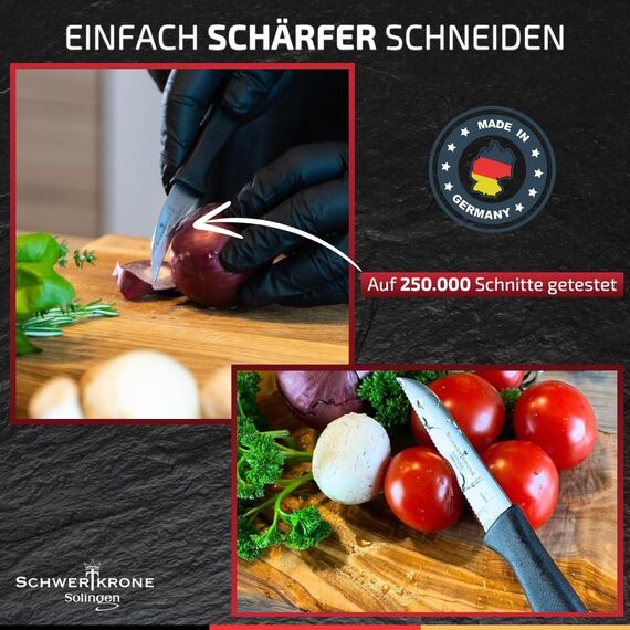 Schwertkrone Solingen Schälmesser Set mit Sparschäler und Tomatenmesser - Made in Germany - Gemüsemesser, Obstmesser und Kartoffelschäler