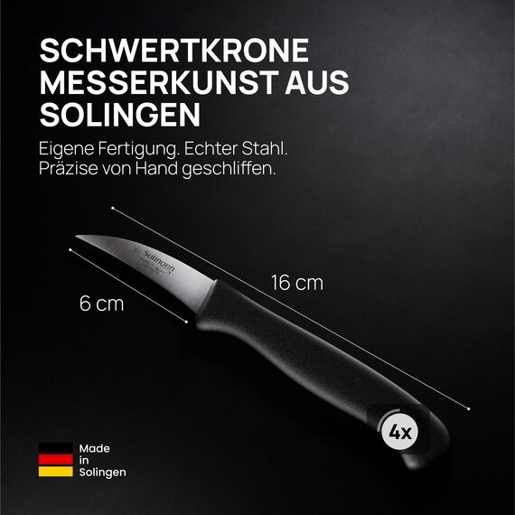 Schwertkrone® Schälmesser gebogen 4er Set [MADE IN SOLINGEN - GERMANY] - Gemüsemesser Obstmesser - Küchenmesser klein scharf - Schneidemesser Kartoffelschälmesser - Allzweckmesser (4x 2,5" gebogen)