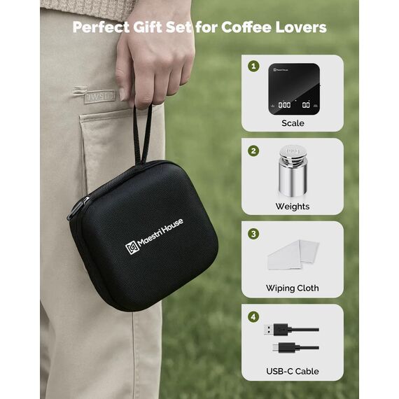 Maestri House Mini-Kaffee-Waage Barista Kit mit 100 g Kalibriergewicht & Tragetasche, Wiederaufladbare Espresso-Waage mit Timer, 2kg/0,1g Präzisions-Digitale Waage für Espresso und Pour-Over