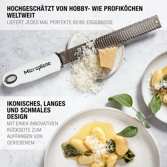 Microplane Zester Küchenreibe in Weiß für Zitrusfrüchte, Hartkäse, Ingwer, Schokolade & Muskatnuss mit feiner Edelstahlklinge - Made in USA