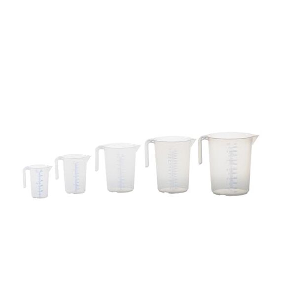 hünersdorff Messbecher 5l | Polypropylen (PP) | bruchsicher und spülmaschinengeeignet | offener Griff | blaue Skala, Transparente