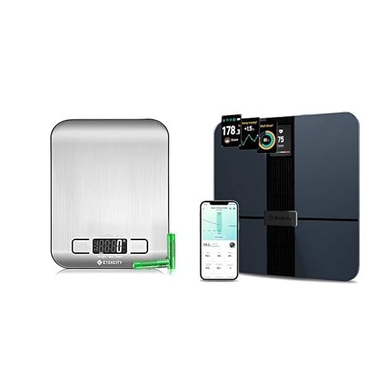 ETEKCITY Küchenwaage 5kg mit 1g Genauigkeit, LCD & Edelstahl + Körperfettwaage mit App, Herzfrequenz, Muskelmasse, WLAN & Bluetooth, USB, unbegrenzte Profile