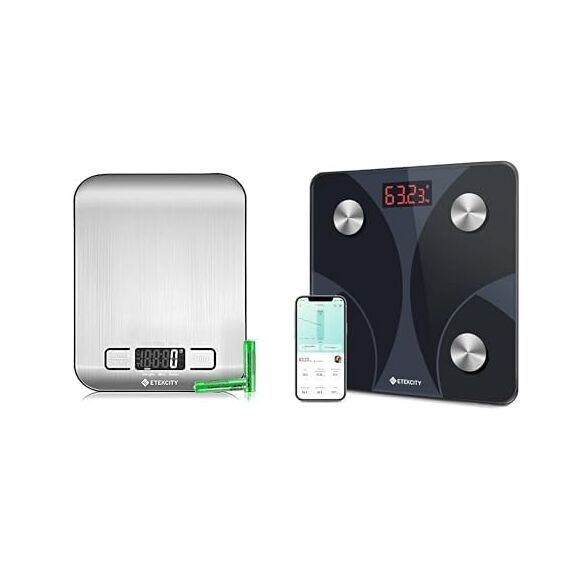 ETEKCITY Küchenwaage,digital 5KG mit LCD, Edelstahlfläche, 1g Genauigkeit, Tara, Flüssigkeitsmessung. Etekcity Körperfettwaage mit App, 13 Körperwerten, 180kg Kapazität, Bluetooth, BMI, Muskelmasse.
