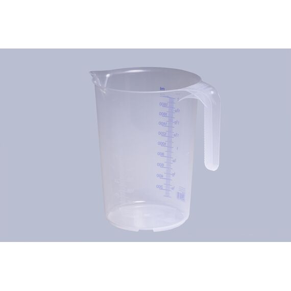 hünersdorff Messbecher 2l | Polypropylen (PP) | bruchsicher und spülmaschinengeeignet | offener Griff | blaue Skala, Transparent+blau