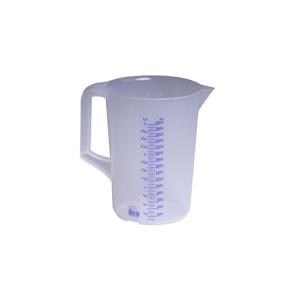 hünersdorff Messbecher 3l | Polypropylen (PP) | bruchsicher und spülmaschinengeeignet | geschlossener Griff | blaue Skala, Transparent+blau