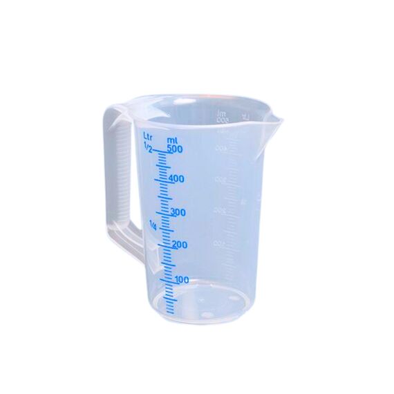 hünersdorff Messbecher 0,5l | Polypropylen (PP) | bruchsicher und spülmaschinengeeignet | geschlossener Griff | blaue Skala, Transparent+blau (Packung mit 2)