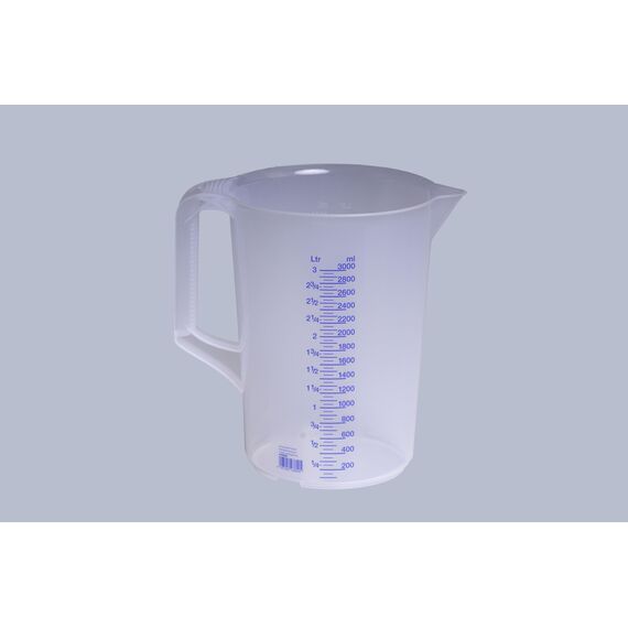 hünersdorff Messbecher 3l | Polypropylen (PP) | bruchsicher und spülmaschinengeeignet | geschlossener Griff | blaue Skala, Transparent+blau