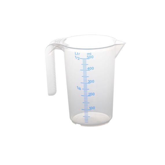 hünersdorff Messbecher 0,5l | Polypropylen (PP) | bruchsicher und spülmaschinengeeignet | offener Griff |, Transparent+blau
