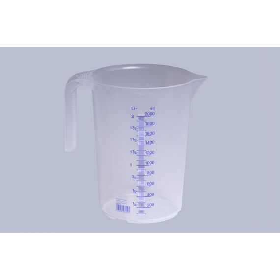 hünersdorff Messbecher 2l | Polypropylen (PP) | bruchsicher und spülmaschinengeeignet | offener Griff | blaue Skala, Transparent+blau