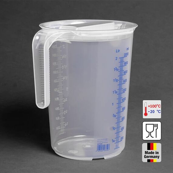 hünersdorff Messbecher 2l mit Deckel | Polypropylen (PP) | bruchsicher und spülmaschinengeeignet | offener Griff , Transparent+blau