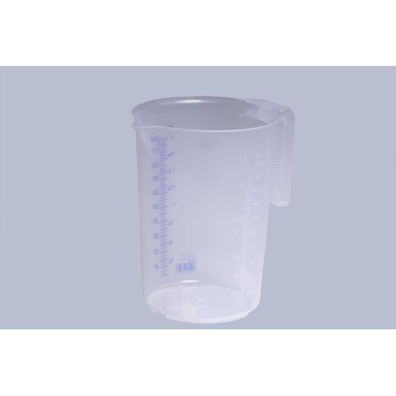 hünersdorff Messbecher 2l | Polypropylen (PP) | bruchsicher und spülmaschinengeeignet | offener Griff | blaue Skala, Transparent+blau