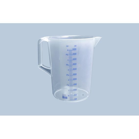 hünersdorff Messbecher 5l | Polypropylen (PP) | bruchsicher und spülmaschinengeeignet | geschlossener Griff | blaue Skala (Packung mit 2)