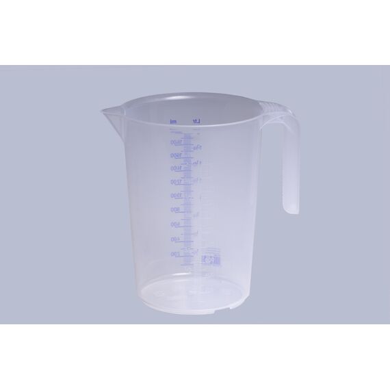 hünersdorff Messbecher 2l | Polypropylen (PP) | bruchsicher und spülmaschinengeeignet | offener Griff | blaue Skala, Transparent+blau