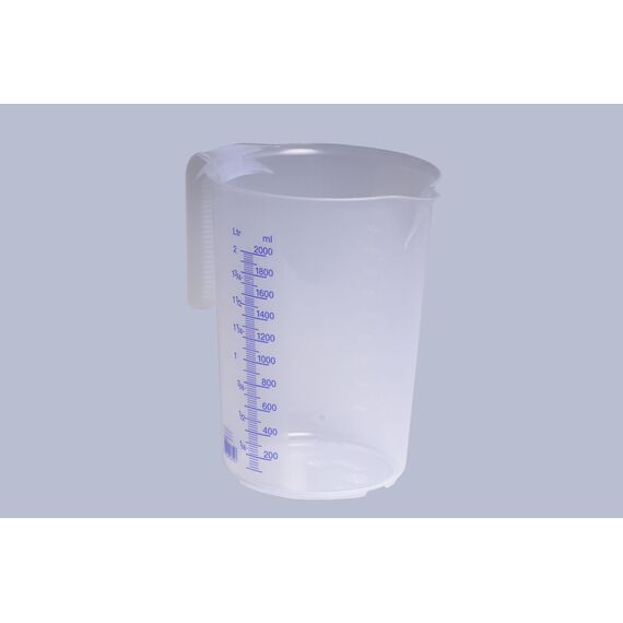 hünersdorff Messbecher 2l | Polypropylen (PP) | bruchsicher und spülmaschinengeeignet | offener Griff | blaue Skala, Transparent+blau